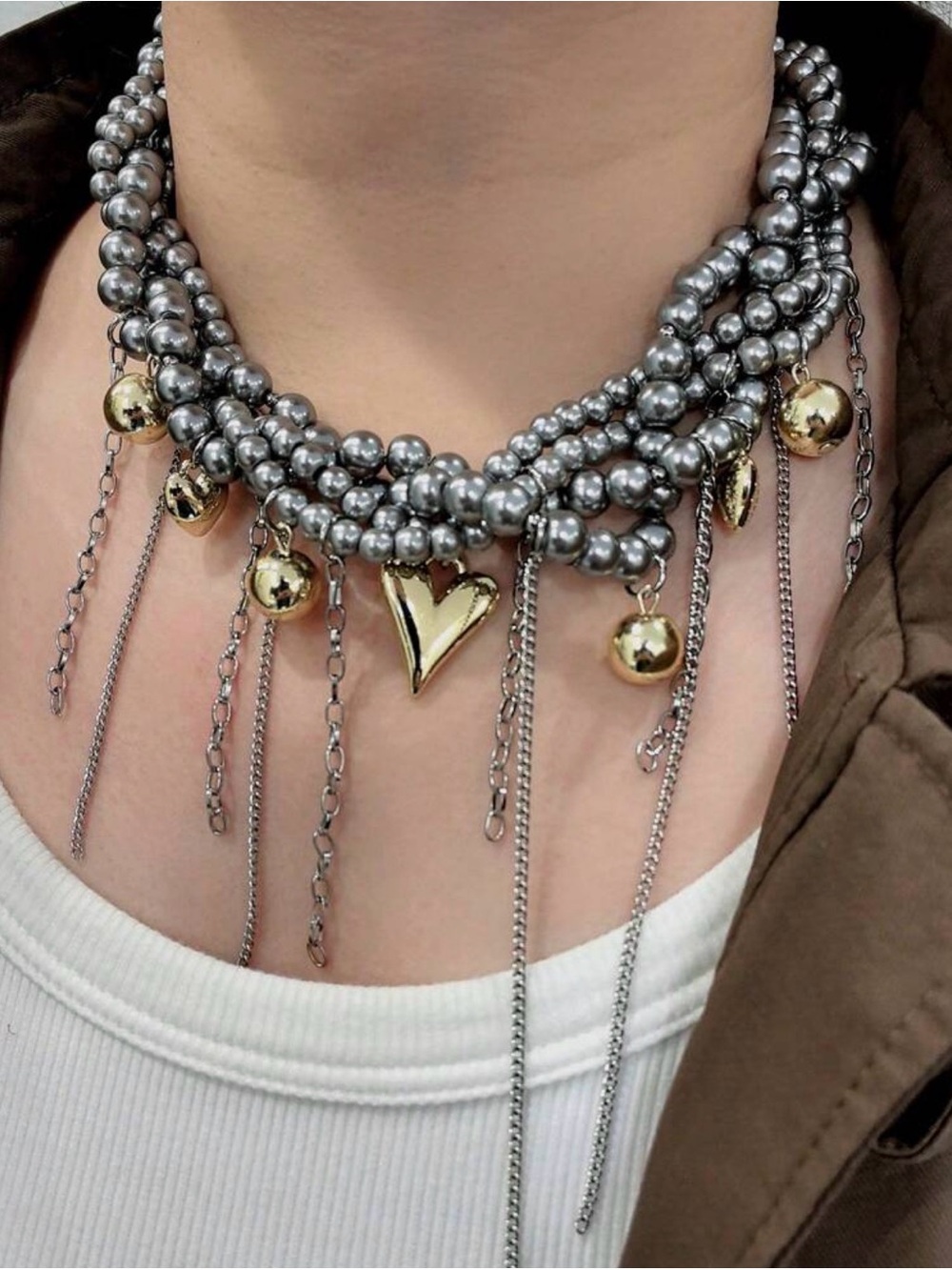 Vintage Gunmetal Beaded Multi-Strand Necklace with Gold Charms